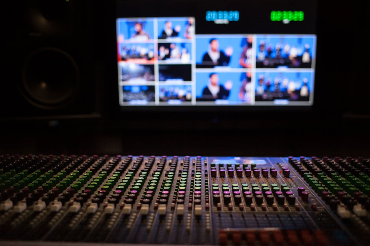Close-up of a sound mixer with screens displaying video feeds in a professional studio setup.